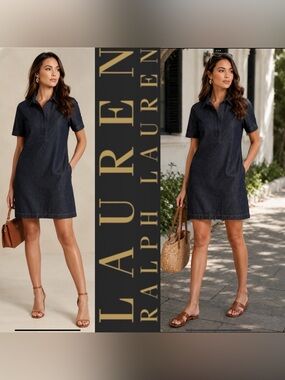 Lauren Ralph Lauren Black Label 
Denim V-Neck Collared Shift Dress Size SP